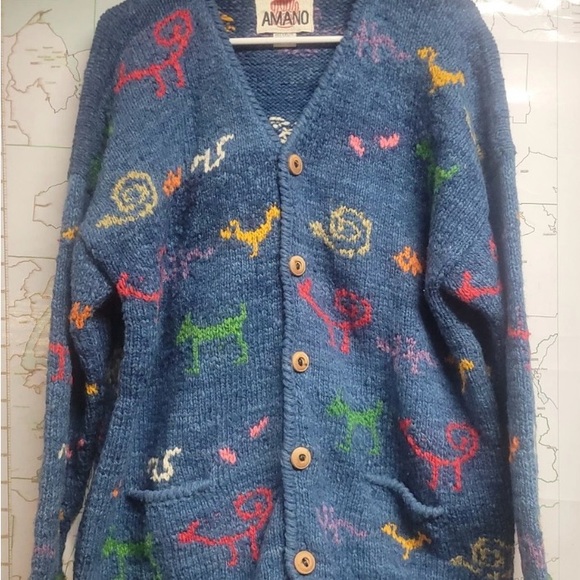 Amano Sweaters - AMANO Hand Knitted Blue Wool Sweater-Cardigan L/XL Animals
Snakes Tribal Aztec